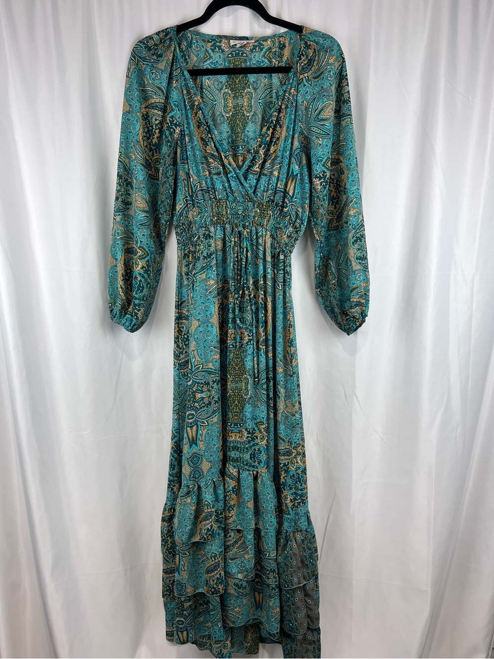 Anthropologie Boemo Teal Paisley Long Sleeve Tiered Maxi Dress - Size LP - Picture 2 of 7